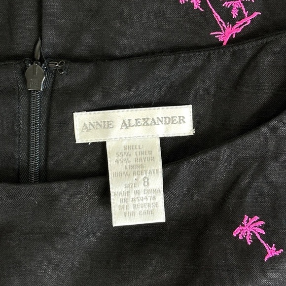 Annie Alexander Embroidered Linen Blend Palm Tree Dress in Black and Pink Size 8 - Picture 7 of 7